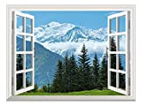 Wall26 Removable Wall Sticker/Wall Mural - Snow Mountain and Pine Trees Out of The Open Window Creative Wall Decor- 36"x48"