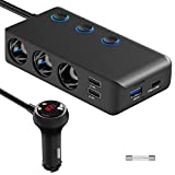 [Upgraded Version] Quick Charge 3.0 and PD20W USB-C Cigarette Lighter Splitter, Qidoe 200W 12V/24V Car Power DC Outlet Splitter with 3 Deepened Socket 4 USB Charging Ports & LED Voltmeter Power Switch