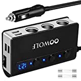 OOWOLF Cigarette Lighter Adapter Quick Charge 3.0 180W 12V/24V 3-Socket Power Splitter 4 USB Ports Car Power Adapter Car Splitter for GPS, Dash Cam, Sat Nav, Phone, Tablet, etc