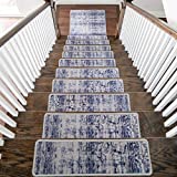 Soft Woven Rugs, 13+1 Stair Treads Carpet, Landing Slip Resistant Stair Rugs, Modern Printed Design, Soft Runner for Indoor Wooden Step, Set of 13 (8.5"x31.5") + 1 (31"x31"), Deep Ocean