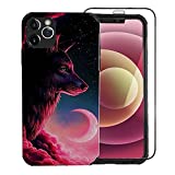 Compatible with iPhone 12 pro max Cases for Man Woman with Screen Protector,Red Wolf Moon Night,Soft Silicone TPU &Hard PC Back Shock Protective Case for iPhone 12 pro max 6.7"