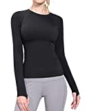 BALEAF Women's Long Sleeve Workout Shirts Fitted Yoga Tops Running Athletic Underscrub with Thumb Holes Black S