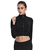 J-pinno Women's Sexy Fitness Active Sports Workout Zip Up Long Sleeve Sweetshirt Athletic Yoga Crop Top Jacket (Black, L/XL)