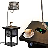 Brightech Madison w. Wireless Charging Station & USB Port - Narrow Nightstand in Mid Century Modern Style with Built in LED Lamp - End Table & Attached Reading Light for Living Rooms - Classic Black