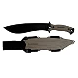 Kershaw Camp 10 – Tan Machete (1077TAN); Black Powdercoated 65 Mn Stainless Steel Fixed Blade; Full Tang Build; Tan Rubber Overmold Handle; Tan Molded Sheath with Lash Points and Nylon Straps; 1.8 oz.