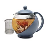 Primula Half Moon Teapot with Removable Infuser, Glass Tea Maker, Reusable, Fine Mesh Stainless Steel Filter, Dishwasher Safe, 40-Ounce, Blue