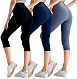 Women's Buttery Soft Leggings No See-Through High Waist Tummy Control Yoga Pants 3 Pack Spandex Workout Running Tights (Capri-Black&Grey&Navy Blue, Large-X-Large)