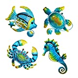 Beach Metal Wall Art Decor,Metal Ocean Sea Turtle Wall Decor for Bathroom Living Room Children Room,Tropical Sea Turtle Seahorse Crab Fish Wall Decor Outdoor Wall Sculptures For Patio Pool,4pcs(blue)