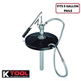 K Tool International 73993 Lever Action Bucket Pump with 4' PVC Hose for Garages, Repair Shops, and DIY, 5 Gallon, 2.14 oz. Per Stroke, 12" Drum Cover, Transmission Fluids and Heavy Oil, Black/Silver