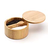 KITCHENDAO Bamboo Salt and Pepper Bowl Box - Built-in Serving Spoon to Prevent Lost - Swivel Lid with Magnet to Keep Dry, Dust-free - Salt Cellar Seasoning Container Holder - Dual 7 Ounce Capacity