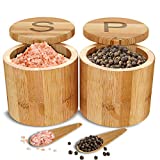 Scavyn Bamboo Salt and Pepper Cellars - Spice Containers - Magnetic Swivel Lids - 2 Wooden Boxes with Spoons - Engraved with S and P - 3.5 x 3.0 inches