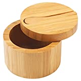 Bamboo Seasonings Box with Mini Spoon, Kitchen Salt Pepper Spice Cellars Storage Container with Swivel Magnetic Lid By HTB