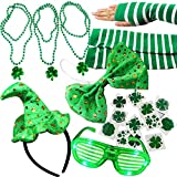 JOYIN 20 Pieces St. Patrick's Day Accessories Set Saint Patricks Day Party Favors and Supplies with Shamrock Necklaces, Sequin Bows, Light-up Glass, Green Headband, Arm Warmers and Shamrock Tattoos