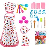 Clheatky Kids Cooking and Baking Set 26PCS Kids Chef Set Apron Chef Hat Kids Chef Role Play Costume Dress Up Role Play Toys Pretend Play Cooking Baking Gifts Birthday Unisex Boys Girls (Pink Cake)