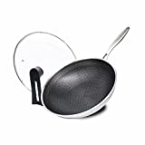 Cyrder Stainless Steel Wok with Lid, Nonstick Skillet/Saucepan, 18/8 Food Grade steel, Honeycomb Texture Tech, Induction Cooker Compatible, Easy Clean/Wear-resistance/Dishwasher safe, 12.5inch