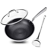 Potinv Nonstick Wok Pan with Lid,Honeycomb Wok Frying Pan 12 inch with Stay Cool Handle,Stainless Steel Cooking Wok,Induction Compatible,Scratch Resistant,Dishwasher and Oven Safe