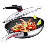 MEGOO 12.6 inch stainless steel nonstick wok pan with lid,stir fry honeycomb wok,cooking wok skillet,for gas cooktops,Induction,electric stove,dishwasher safe(PFA,PFOA Free)