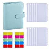 Antner A6 PU Leather Budget Binder Cover with 12PCS A6 Binder Pockets Loose Leaf Bags 6 Ring Budget Binder Cash Envelopes System, Mint Blue