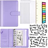 Zonon A6 PU Leather Notebook Binder Cash Budget Planner Organizer 6 Ring Saving Binder Cover Envelopes 26 Categories Letter Sticker Label 8 Binder Pocket Loose Leaf Paper Neon Page Maker (Purple)