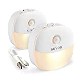 AUVON Rechargeable Battery Night Light, Mini Motion Sensor Night Light, Warm White LED Stick-On Closet Light with Dusk to Dawn Sensor, Adjustable Brightness for Wall, Stairs, Hallway, Cabinet (2 Pack)