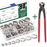 Keadic 80Pcs 1/4"-15/16" 304 Stainless Steel Single Ear Hose Clamps Pex Pinch Clamp Assortment Kit with Ear Clamp Pincer for Securing Pipe Hoses and Automotive Use