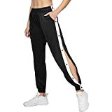 Women´s Side Split Snap Button Joggers Tear-Away Warm Up Sweatpants Elastic Cinch Bottom Active Workout Pants (Black, Small)