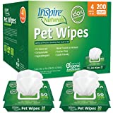 Inspire Naturals Pet Wipes 100% Natural Plant Based with Organic Antioxidants, Dog Wipes Cleaning Deodorizing Cat Wipes | Dog Bath Dog Ear Wipes | Dog Wipes for Paws and Butt (200ct - 4 Pack)