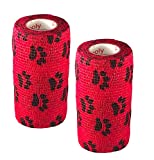 Vet Wrap Rap Tape (Red with Paw Prints) (2 Pack) (3 Inch x 15 feet) Self Adhesive Adherent Adhering Cohesive Flex Self Stick Bandage Grip Roll Dog Cat Pet Horse