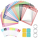 INFUN Dry Erase Pockets - 30 Pack，Oversized Reusable Dry Erase Sleeves, Multicolored Dry Erase Pocket Sleeves with 30 Markers 4 Eraser 3 Metal Rings for Classroom Organization & Teaching Supplies
