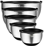 Mixing Bowls with Airtight Lids, Wildone Stainless Steel Nesting Mixing Bowls Set of 5, with Non-slip Silicone Bottoms, Size 8, 5, 3, 2, 1.5 QT, Stackable Design, Great for Mixing and Prepping