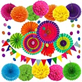 ZERODECO Party Decoration, 21 Pcs Multi-color Hanging Paper Fans, Pom Poms Flowers, Garlands String Polka Dot and Triangle Bunting Flags for Birthday Parties, Wedding Décor, Fiesta or Mexican Party