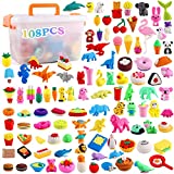 FiGoal 108 Pack Assorted Erasers in Different Designs with Bonus Storage Box 3D Puzzle Pencil Erasers Desk Pet Collectible Novelty Party Favors for Classroom Games Prizes Carnivals Valentines