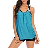 Zando Plus Size Tankini Bathing Suits for Women Womens Strappy Blouson Push Up Tankini Tops with Shorts Color Block Printed T-Back Swimsuit Padded Swimsuits Sporty Bathing Suit Green Print 16-18