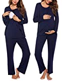 Ekouaer Women Long Sleeve Maternity & Nursing Pajama Set with Pockets Hospital PJS Set Double Layer Pregnancy Breastfeeding Sleepwear Navy Blue L