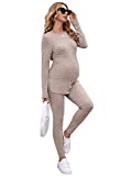 SOLY HUX Women's Maternity Sets 2 piece Outfits Long Sleeve Split Hem Top and Adjustable Elastic Waist Pants Apricot L