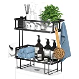 Over Toilet Storage Shelf, 2 Tier Bathroom Organizer, Free Standing Restroom Organizers for Paper Towels Shampoo, with Adhesive Base and Hooks, Anti-Tilt No Drilling Wall Mounting Rack, Space Saver
