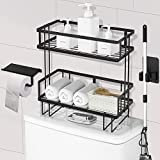 Bathroom Over Toilet Storage Shelf, Bathroom Organizer, Above Storage Cabinet Restroom with Stainless Steel Paper Holder and Mop Hook, No Drilling Space Saver Wall Mounting Design (Black)