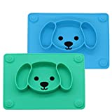 LongDear Baby Silicone Suction Placemat + Plates - Food Feeding Divided Mat for Kids and Toddlers Fits Most Highchair Trays - Easily Wipe Clean - Dishwasher and Microwave Safe (Blue & Green)