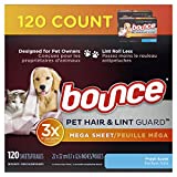 Bounce Pet Hair and Lint Guard Mega Dryer Sheets for Laundry, Fabric Softener with 3X Pet Hair Fighters, Fresh Scent, 120 Count, White