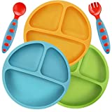 PandaEar Divided Unbreakable Silicone Baby and Toddler Plates - 3 Pack - (NO Suction)- Dishwasher and Microwave Safe - Silicone Blue Green Yellow