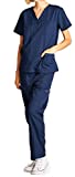 Dagacci Medical Uniform Woman and Man Scrub Set Unisex Medical Scrub Top and Pant, Navy, S