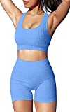 Stylishine Women Seamless Workout Outfits 2 Piece Set Sleeveless Crop Tops Racerback Sports Bra High Waist Shorts Yoga Blue