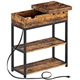 Rolanstar End Table with Charging Station, Narrow Flip Top End Side Table with Storage Shelf and USB Ports & Power Outlets for Small Spaces, Nightstand Sofa Table for Living Room, Bedroom Rustic Brown