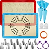 [2 Pack] Aiyola Silicone Baking Mat Set,Non Stick Macaron Baking Mats Pastry Mat with Measurement,12 Pack Piping Tip,2-Pack Reusable Piping Bag, 1 Snap Band Included for DIY (16.5"x11.6")