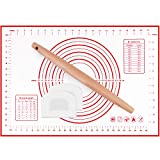 Baking Mat for Rolling Out Dough, DIGIROOT Thickening Food Grade Silicone Pastry Mat with Wooden Rolling Pin & Dough Scrapers, Measurement Fondant Mat, Dough Rolling Mat, Pie Mat(16"x24"x0.6mm(THK))