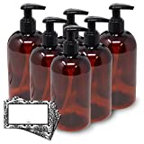 Baire Bottles 16 oz Empty Refillable Plastic Bottles Lotion Pumps Soap Sanitizer Shower Lotion Homeopathy 6 Pk Waterproof Labels, PET - BPA Free (Amber/Brown with Black Lotion Pump, Damask Labels)