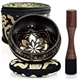 Tibetan Singing Bowl Set ~ Easy to Play with New Dual-End Striker & Cushion ~ Creates Beautiful Sound for Holistic Healing, Meditation & Relaxation ~ Bliss Pattern ~ Black Bowl with Black Pillow