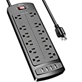 Power Strip, Alestor Surge Protector with 12 Outlets and 4 USB Ports, 6 Feet Extension Cord (1875W/15A), 2700 Joules, ETL Listed, Black