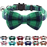 Joytale Breakaway Cat Collar with Cute Bow Tie and Bell, Plaid Patterns, 1 Pack Kitty Safety Collars,Green