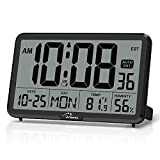 WallarGe Auto Set Digital Wall Clock Battery Operated,Desk Clocks with Temperature,Humidity and Date,Large Display Digital Calendar Alarm Clock for Elderly,Bedroom,Office,8 Time Zone, Auto DST.